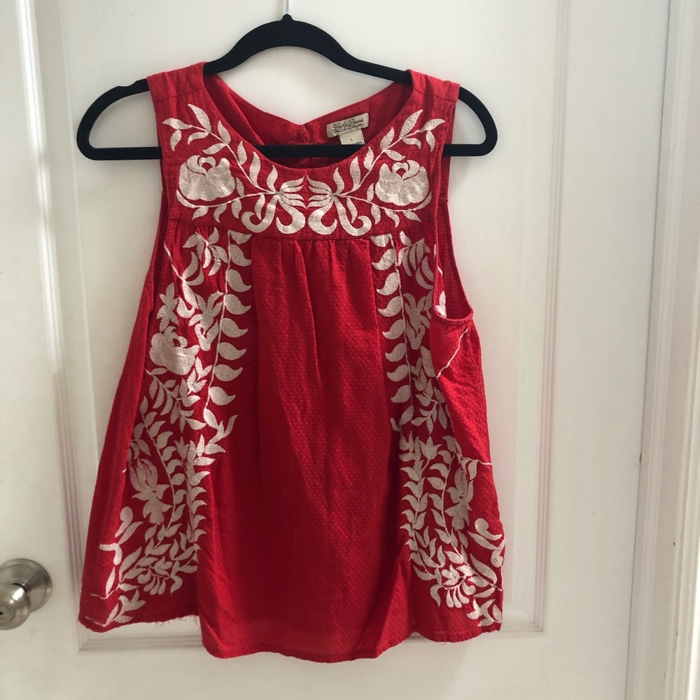 Lucky Brand Red Embroidered Sleeveless Top